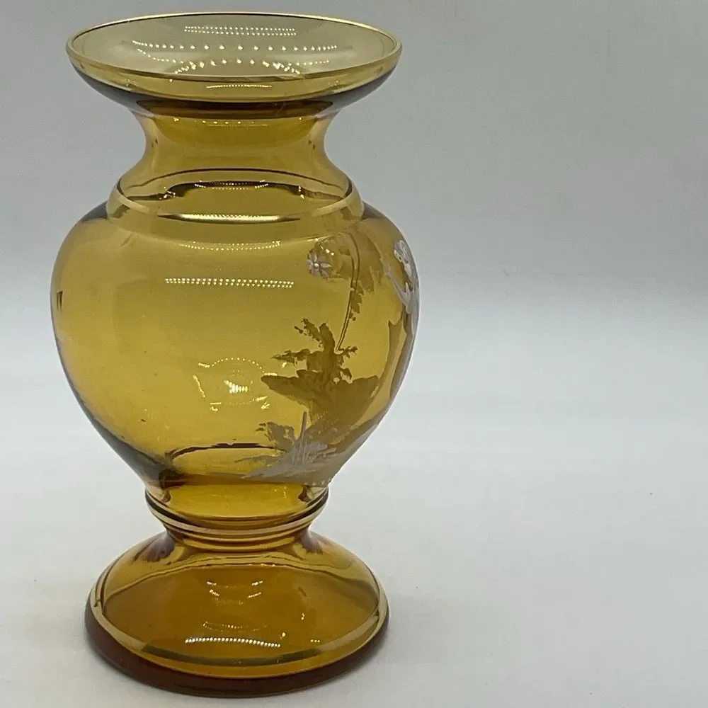 Vintage Mary Gregory Amber Glass Vase with Girl and Butterfly